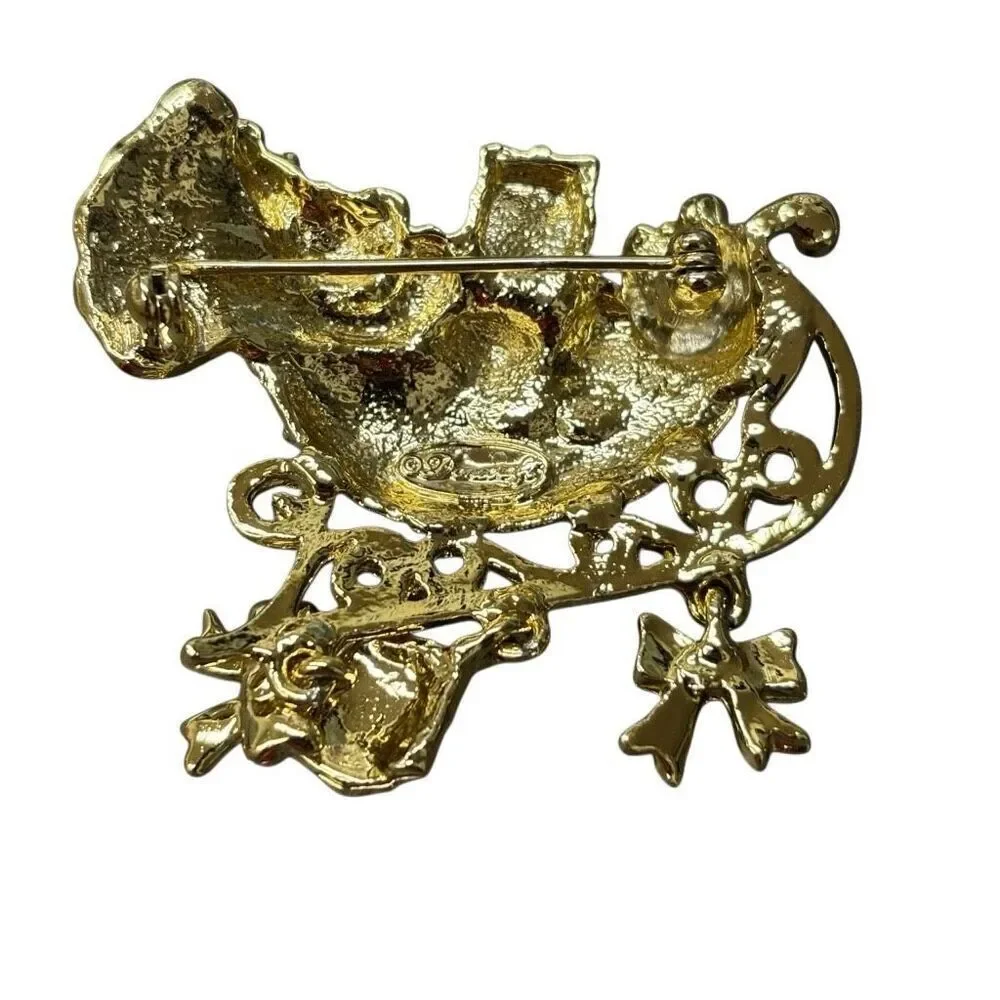 Dancraft Gold Tone Santa Clause In Sleigh Brooch Pin